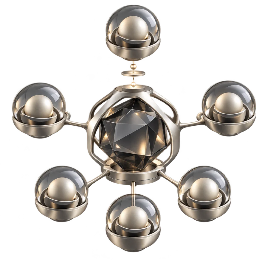 A sculptural silver network of connected nodes, representing technology search and matching.